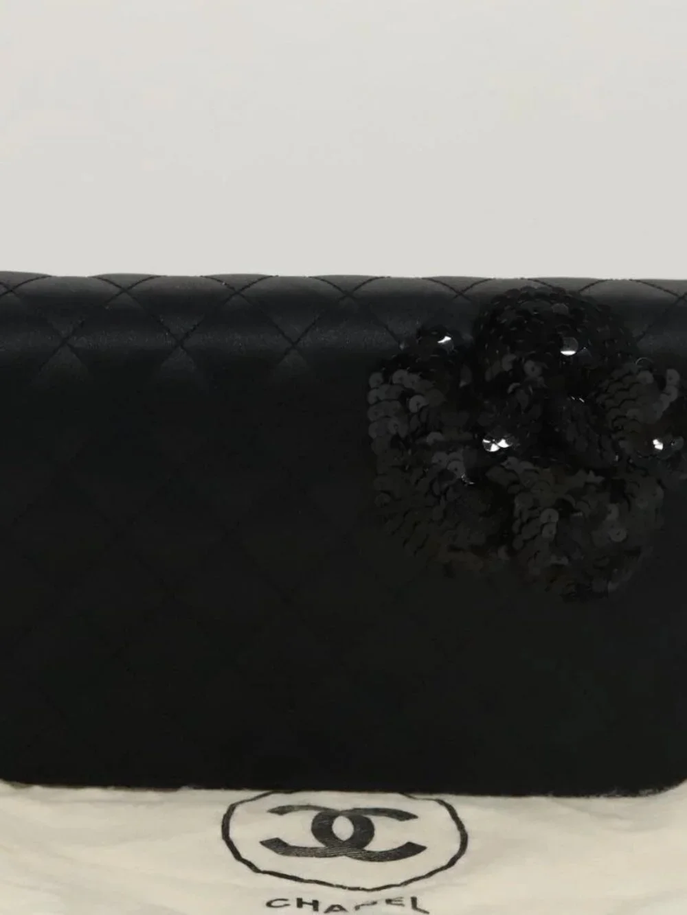 CHANEL Matelasse Sequin Flower Shoulder Bag Satin Black CC Auth 99855V